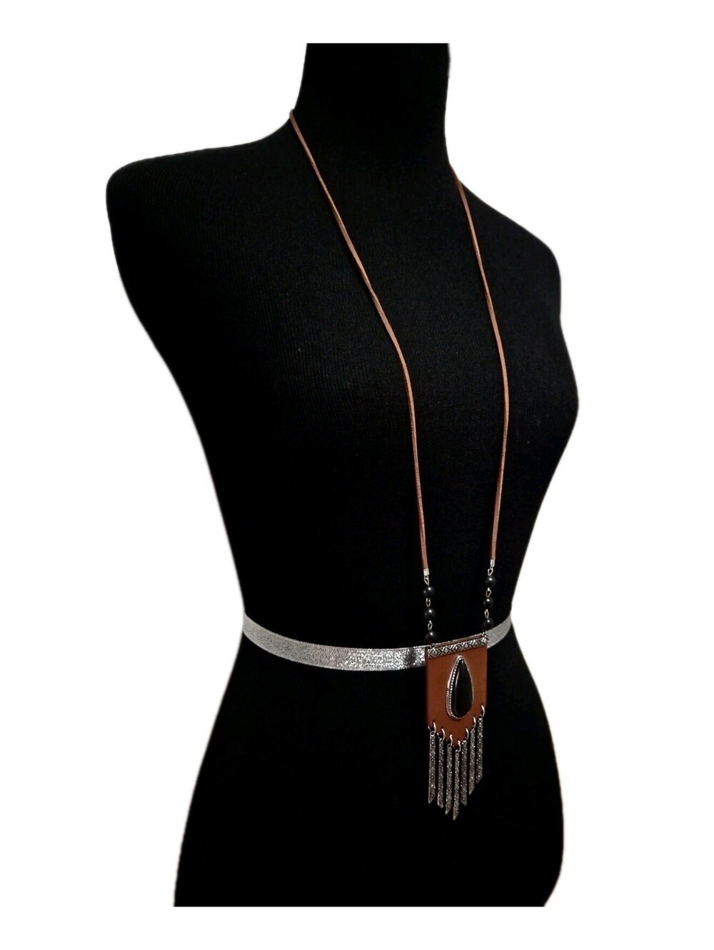 Boho Long Necklace Brown Faux Leather Pendant Black Stone Fringe Dangle